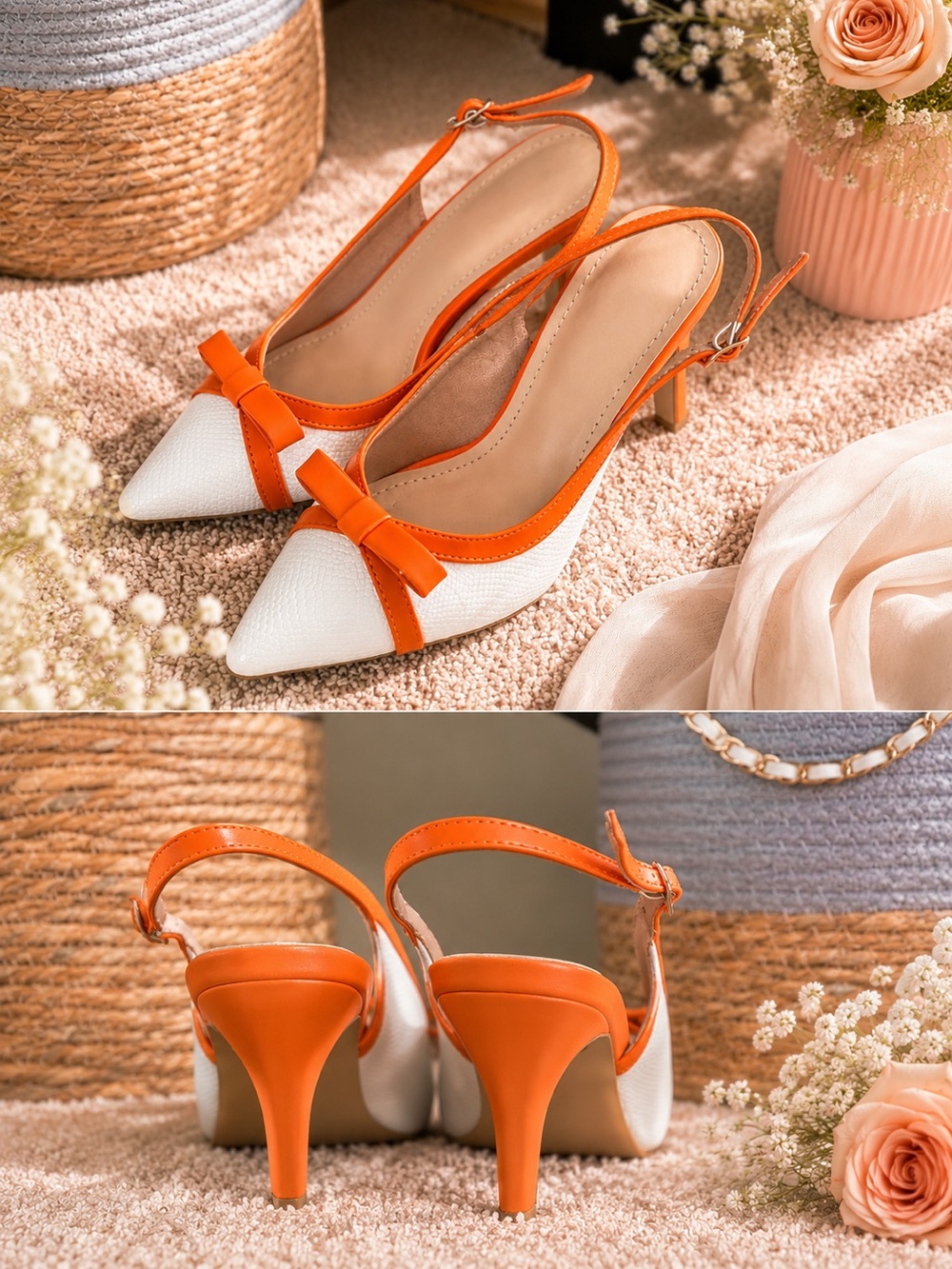 Women's Pointed Slingback Heels with Orange Bow
